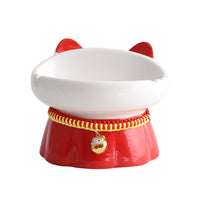 HKM-3054397 High-Footed Ceramic Cat Bowl with Neck Guard - Red Fire Cat Design, 200ml Capacity