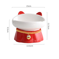 HKM-3054397 High-Footed Ceramic Cat Bowl with Neck Guard - Red Fire Cat Design, 200ml Capacity