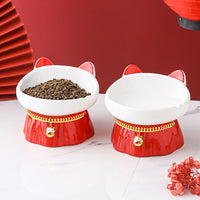 HKM-3054397 High-Footed Ceramic Cat Bowl with Neck Guard - Red Fire Cat Design, 200ml Capacity