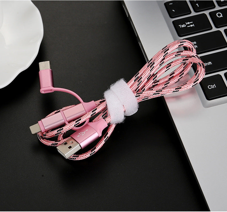 HKM-305939 Multi-Device Fast Charging Cable with Tiger Pattern - 1m, Braided Design, 3-in-1 Compatibility