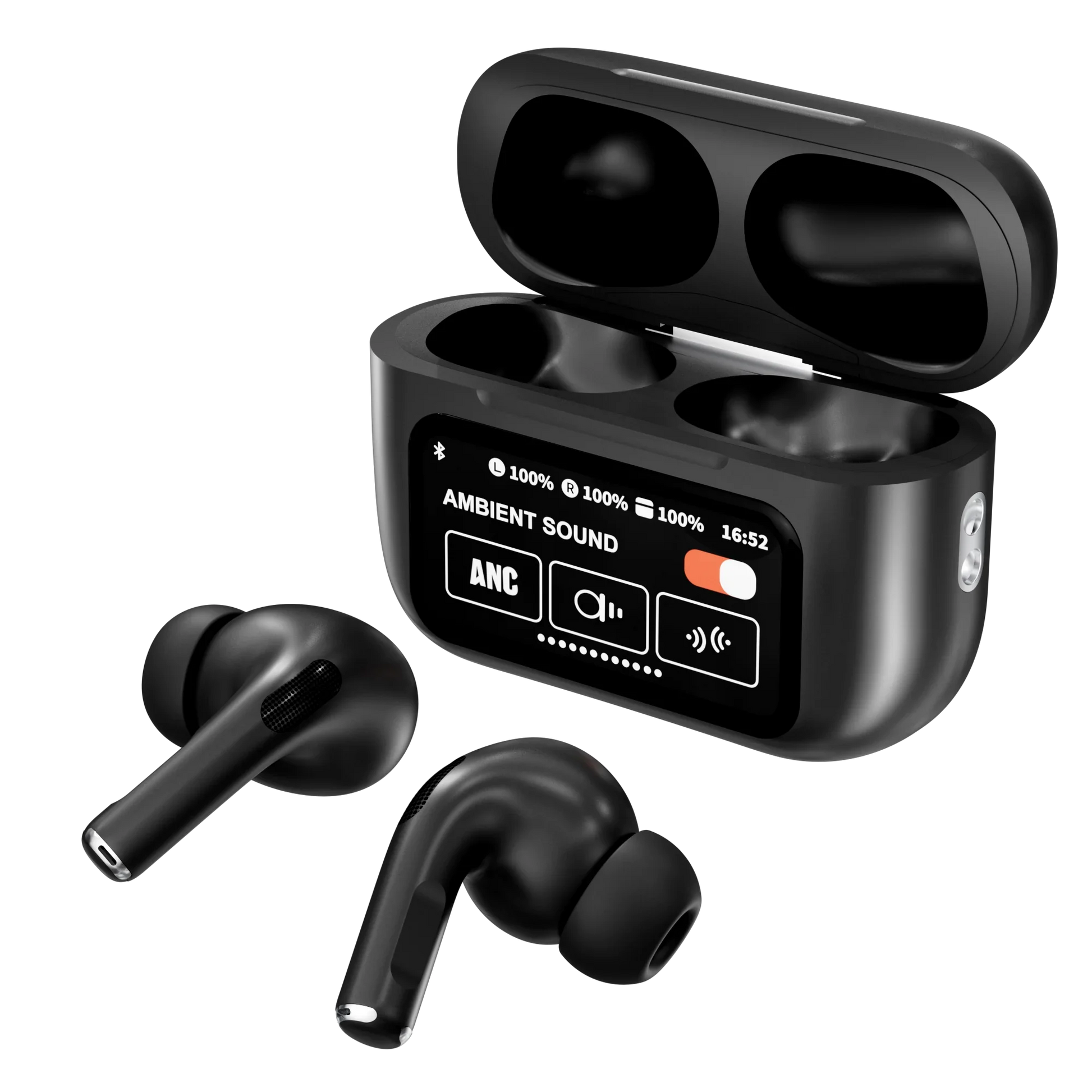 HKM-306067 Smart Touch Screen Wireless Earbuds with Active Noise Cancellation and Environmental Noise Cancellation – Bluetooth 5.4, Low Latency, Black/White