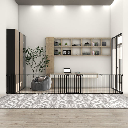 HKM-3062333 Adjustable 150-Inch Metal Safety Gate with Walk-Through Door for Pets, Kids, and Fireplaces