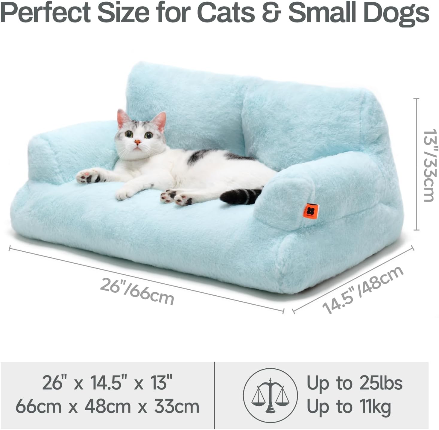 HKM-3062589 Cozy Washable Plush Cat Bed with Non-Slip Bottom, 26x19x13 Inch Pet Couch for Small Dogs and Cats, Blue