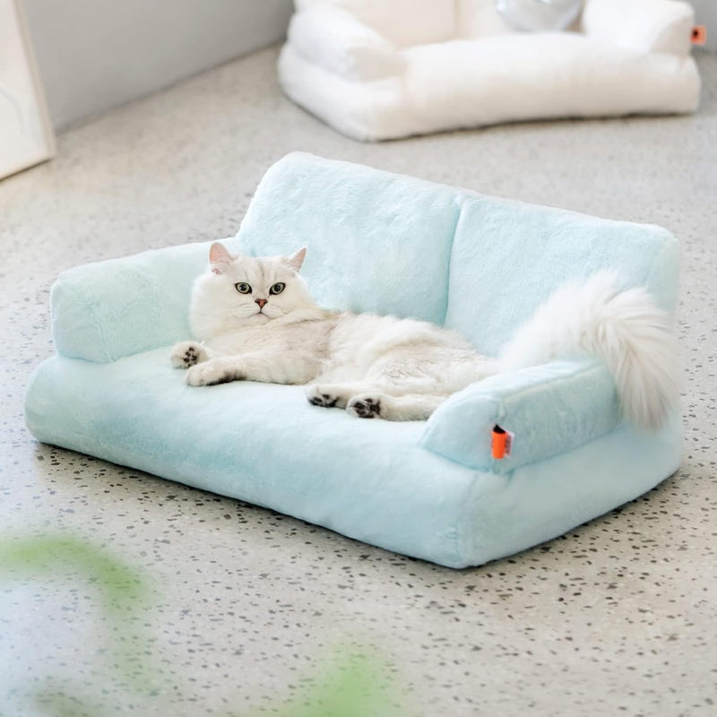 HKM-3062589 Cozy Washable Plush Cat Bed with Non-Slip Bottom, 26x19x13 Inch Pet Couch for Small Dogs and Cats, Blue