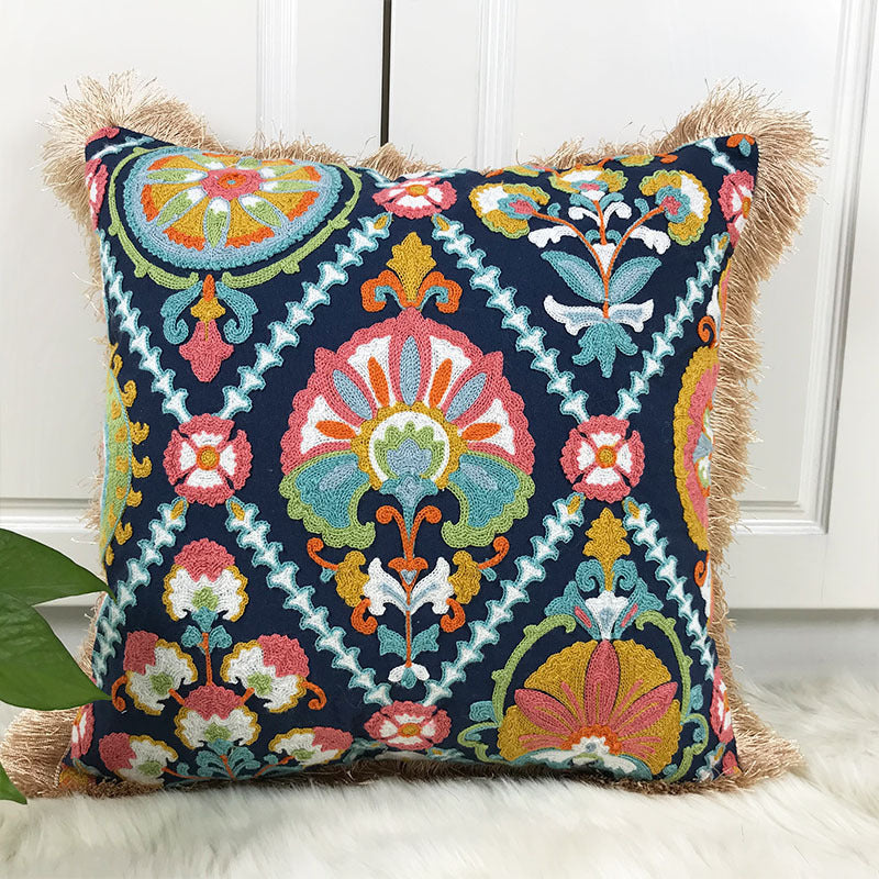 HKM-306451 Vintage Boho Embroidered Cotton Pillowcase with Fringe Detail