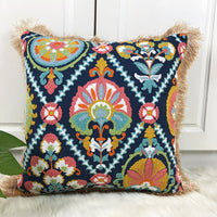 HKM-306451 Vintage Boho Embroidered Cotton Pillowcase with Fringe Detail