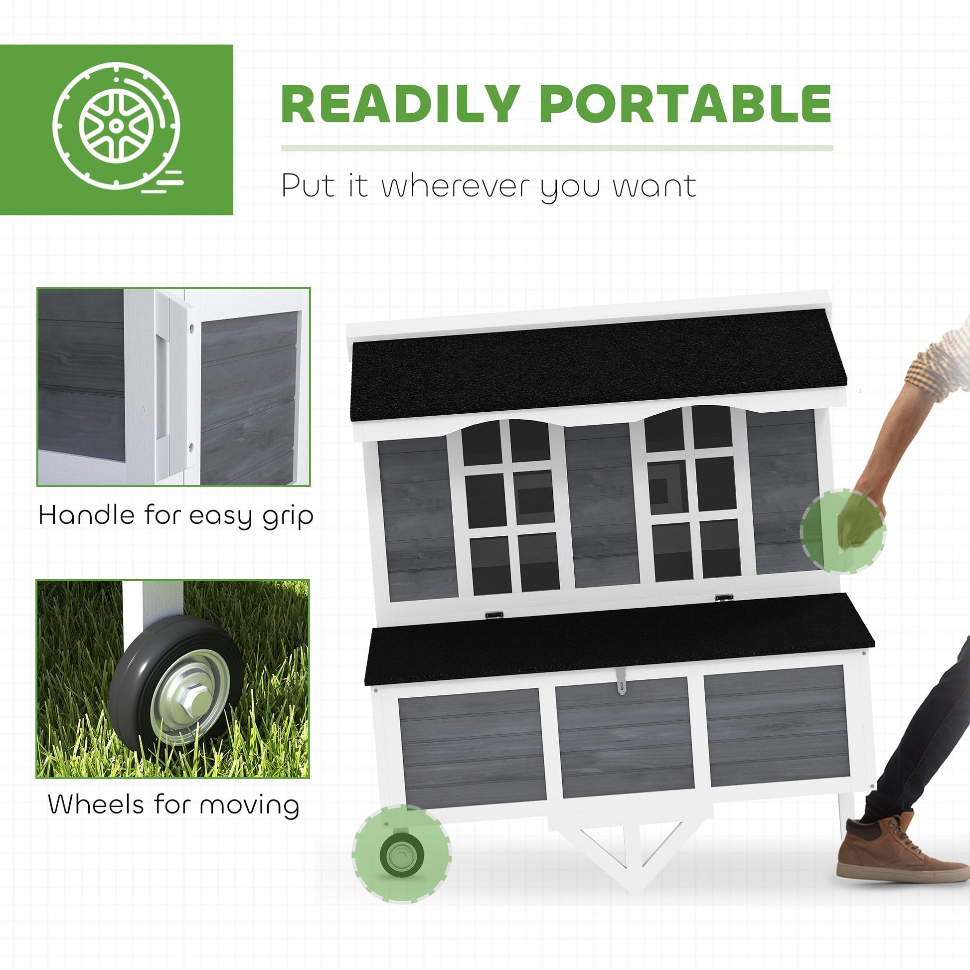 HKM-3067581 Portable Chicken Coop with Wheels - Spacious Design for 2-4 Chickens, Easy Mobility and Secure Nesting Box