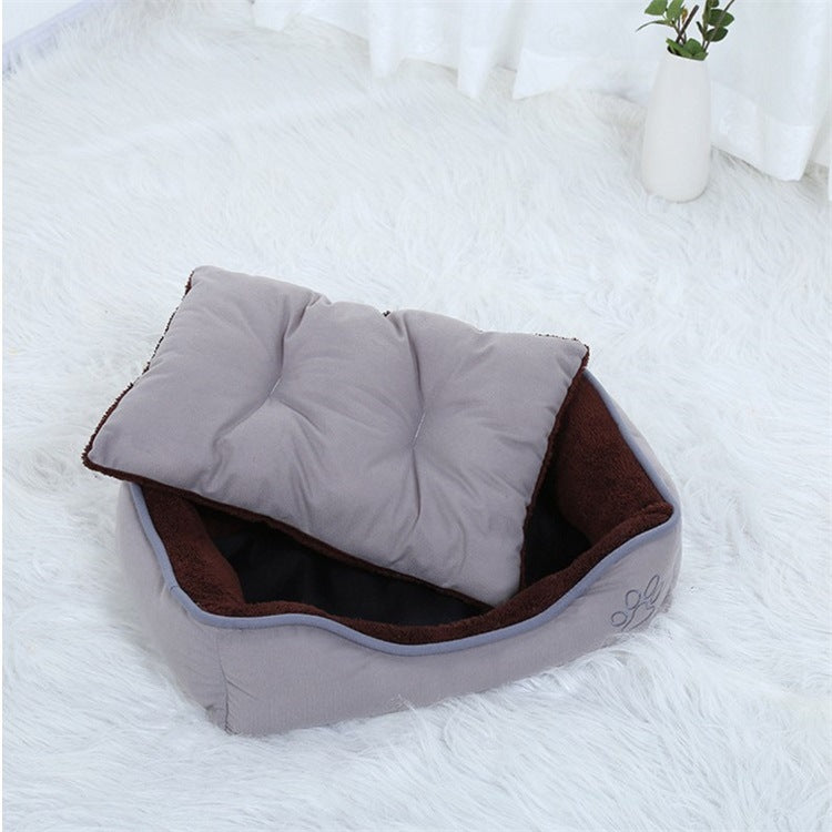 HKM-3067965 Cozy Footprint Embroidery Square Nest for Pets - Available in Coffee and Beige