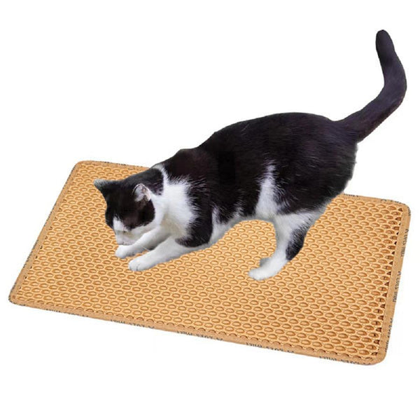 HKM-306899 Double Layer Cat Litter Mat with Unique Rice Shape Design for Effective Litter Trapping and Easy Cleaning, Waterproof EVA Material, Yellow