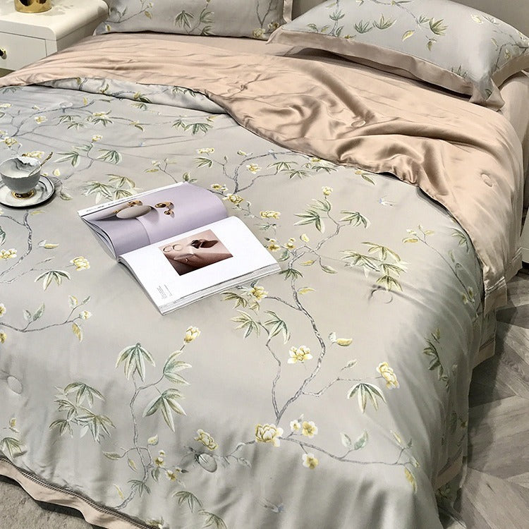 HKM-307219 Tencel Lyocell Fiber Summer Cooling Duvet Four-Piece Set with Embroidered Design and Multiple Sizes