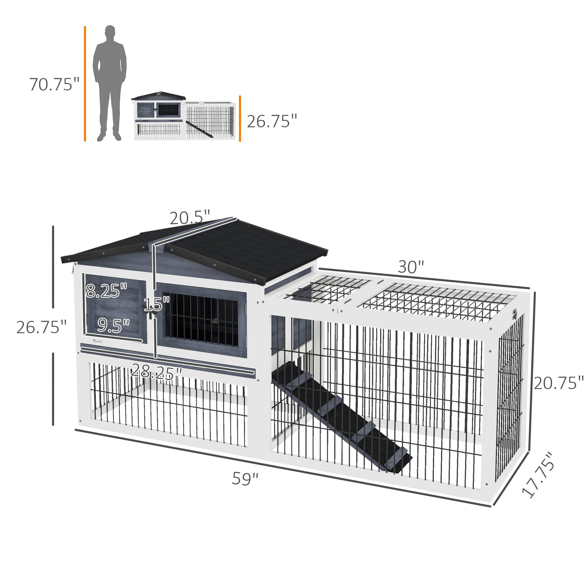HKM-3073341 Two-Level Outdoor Rabbit Hutch with Openable Top - Dark Gray, Fir Wood Construction, Ideal for Small Animals