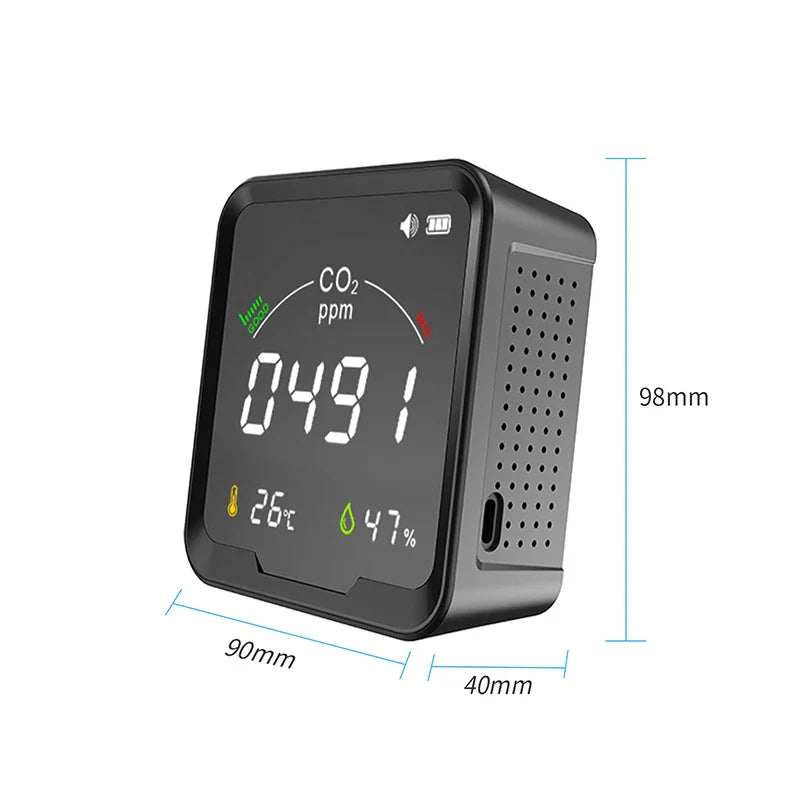 HKM-307411 NDIR CO2 Meter with Temperature and Humidity Display, Model PTH-9C, Desktop Air Quality Monitor
