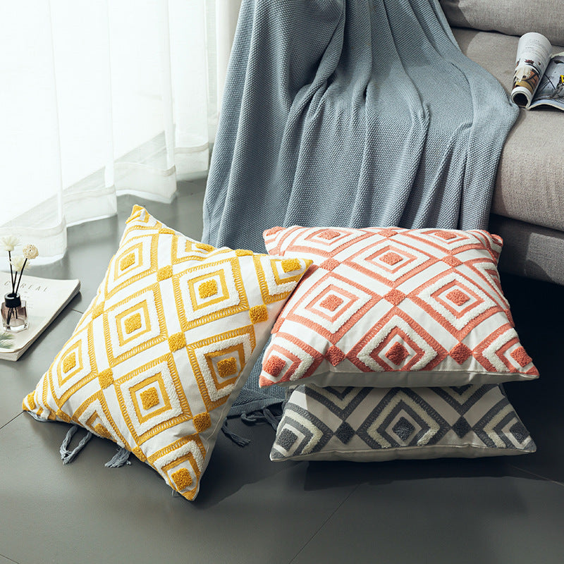 HKM-307539 Scandinavian Geometric Cotton Cushion Cover with Three-Dimensional Towel Embroidery, 45x45cm