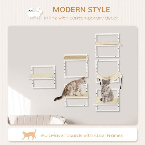 HKM-3075645 Modern Cat Wall Shelves Set with Soft Hammock and Height Adjustable Jumping Platforms