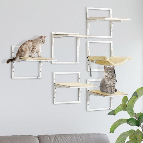 HKM-3075645 Modern Cat Wall Shelves Set with Soft Hammock and Height Adjustable Jumping Platforms