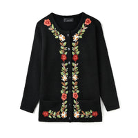HKM-307603 Handmade Mauhair Women's Long Sleeve Crew Neck Embroidered Knitted Cardigan Retro Antique Floral Casual Winter Button Plus Front