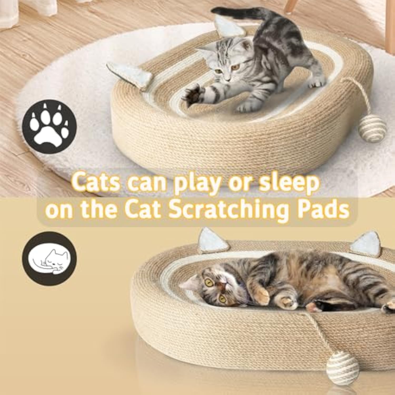 HKM-3076925 3-in-1 Sisal Cat Scratcher Bed with Non-Slip Base for Indoor Cats, Supports Healthy Scratching and Rest
