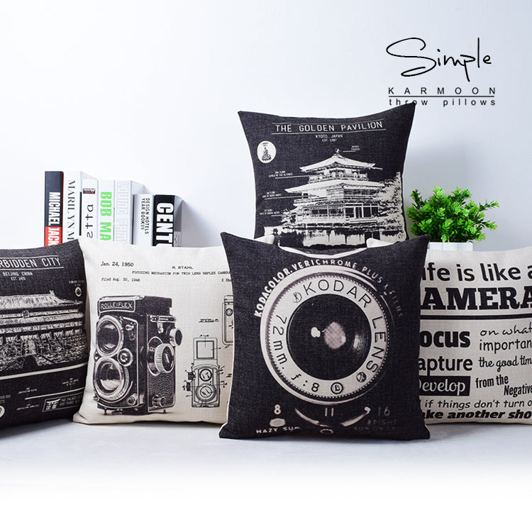 HKM-308179 Black and White Industrial Style Cotton Linen Cushion Case - 43cm x 43cm