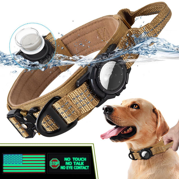HKM-3083197 Waterproof Dog Collar with Airtag Protective Cover in Monochrome Black or Camel
