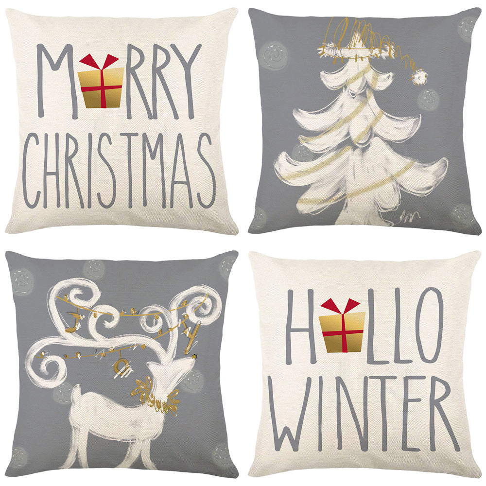HKM-308499 Hand Painted Elk Christmas Tree Linen Pillow Cover, Modern Simple Holiday Cushion 45x45cm
