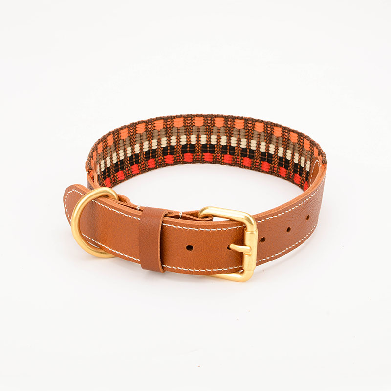 HKM-3090749 Woven Cowhide Dog Collar with Traction Rope for Medium to Large Dogs