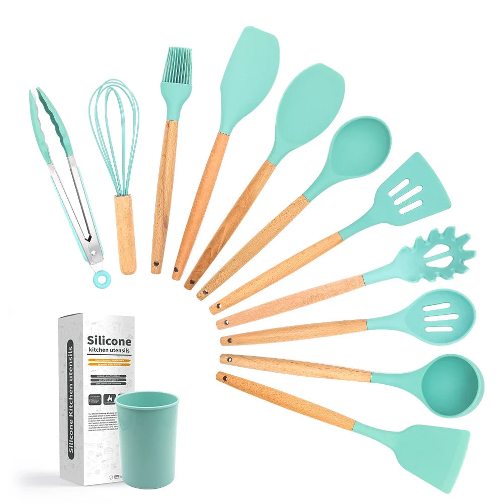 HKM-309075 12-Piece Silicone and Wood Kitchen Utensil Set for Cooking and Baking