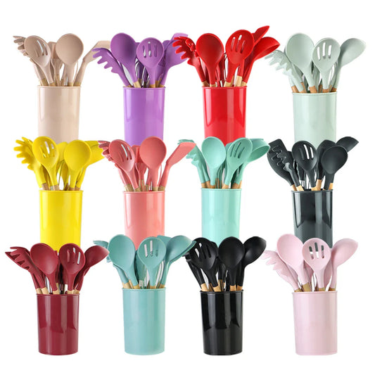 HKM-309075 12-Piece Silicone and Wood Kitchen Utensil Set for Cooking and Baking