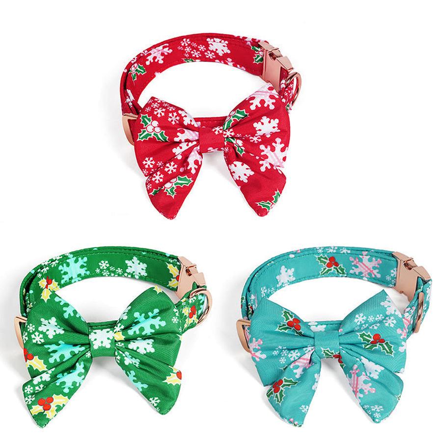 HKM-309075 Pure Cotton Dog Necklace with Removable Bow Tie - Christmas Flower Design, Adjustable Size Options
