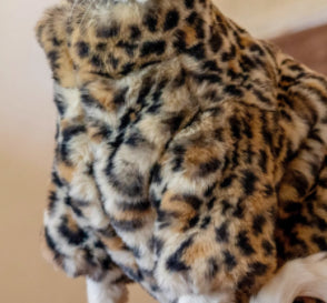 HKM-3091517 Fluffy Leopard Print Cat Coat - Short Plush Fur Clothing for Hairless Cats
