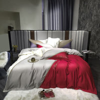 HKM-309523 Long-Staple Cotton Embroidery 4-Piece Contrast Color Satin Bedding Set - Sky Blue, Light Blue, Red, Pink