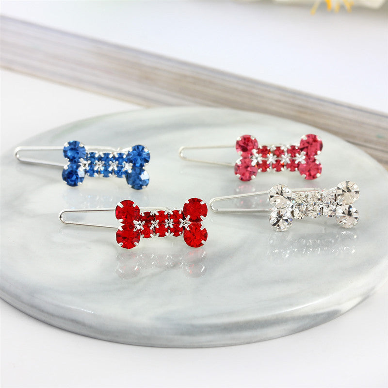 HKM-309523 Rhinestone Dog Bone Barrettes for Stylish Pet Decoration in White, Pink, Blue, and Red