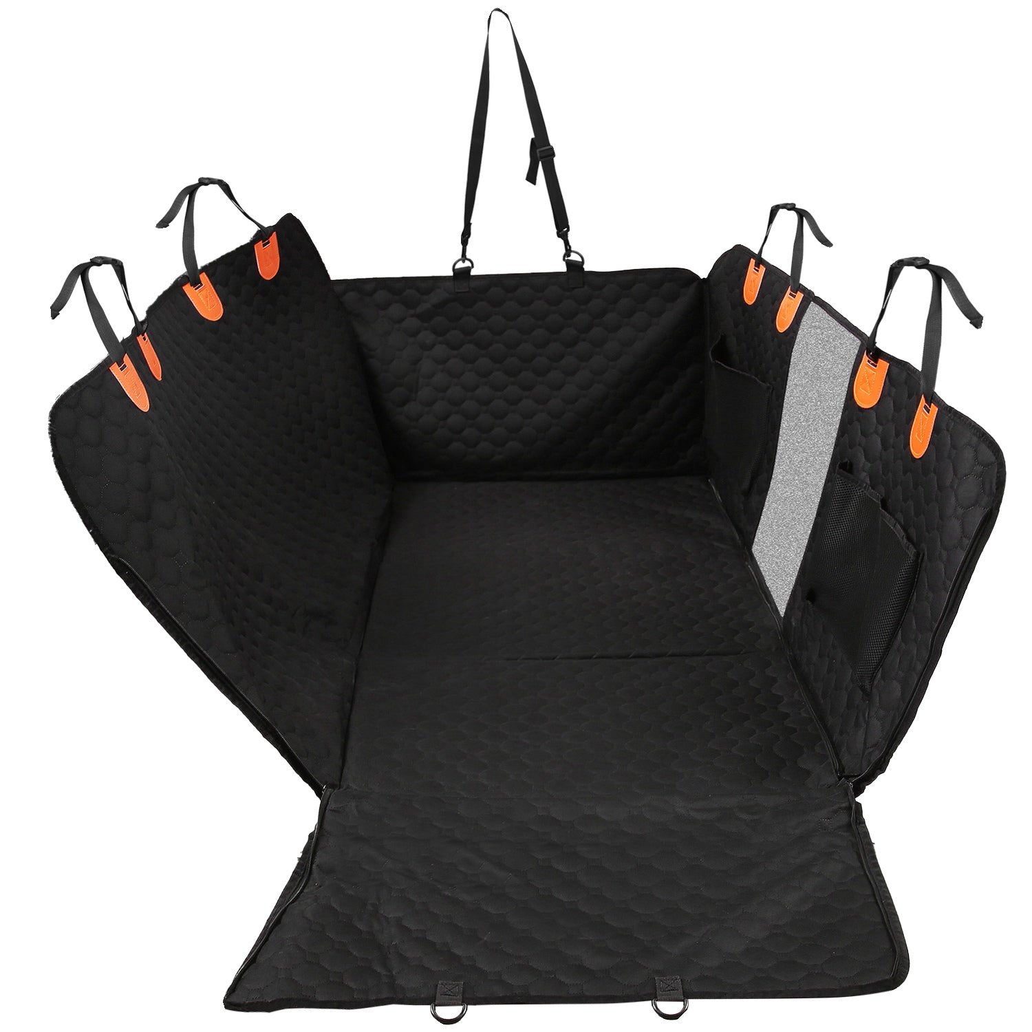 HKM-3101501 Dog Car Back Seat Cover with Zipper Mesh Window, Waterproof 600D Oxford Cloth, Anti-Slip Seat Protector with Storage Bags for Cars, SUVs, and Trucks