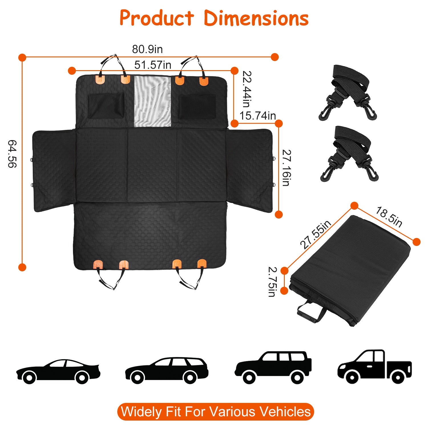 HKM-3101501 Dog Car Back Seat Cover with Zipper Mesh Window, Waterproof 600D Oxford Cloth, Anti-Slip Seat Protector with Storage Bags for Cars, SUVs, and Trucks