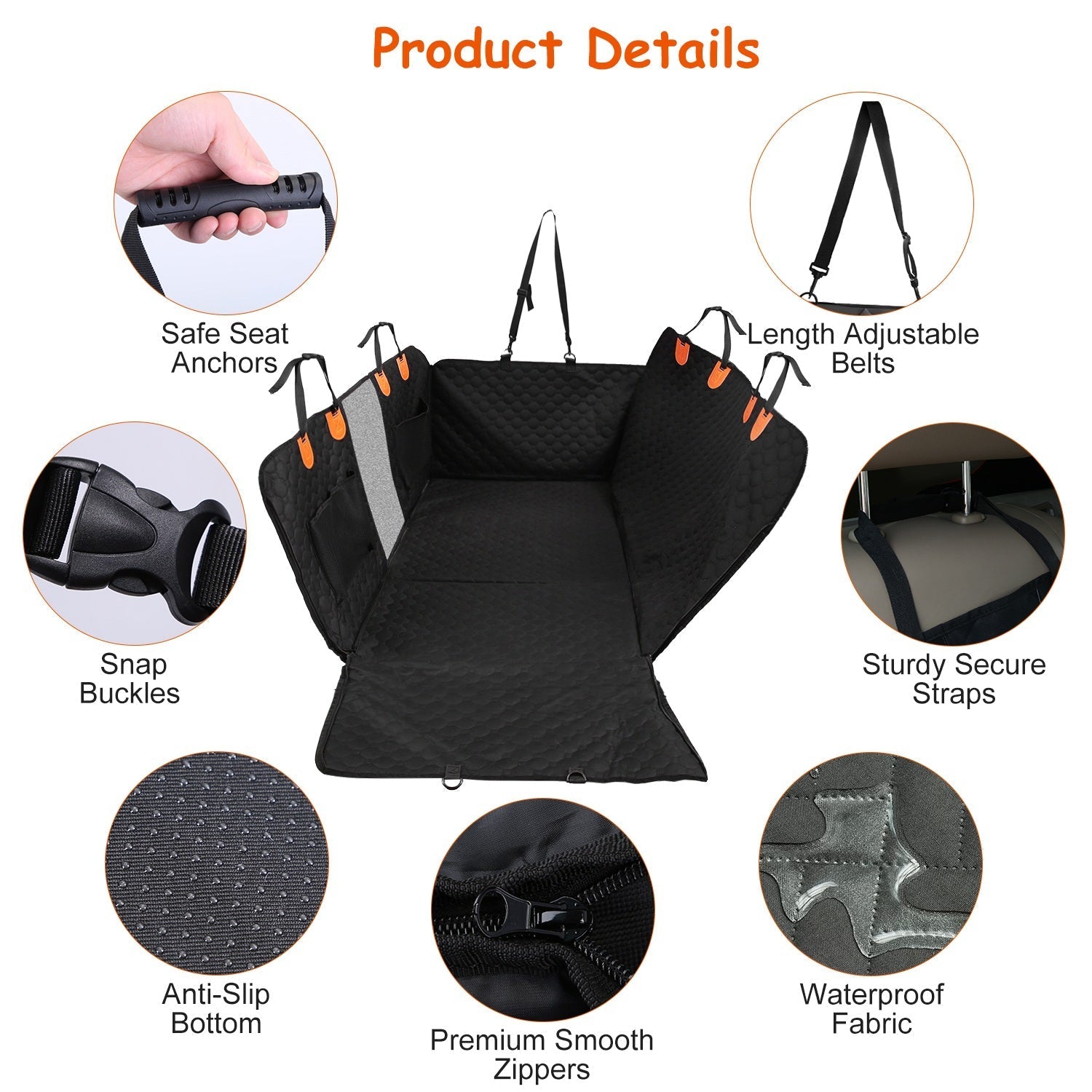 HKM-3101501 Dog Car Back Seat Cover with Zipper Mesh Window, Waterproof 600D Oxford Cloth, Anti-Slip Seat Protector with Storage Bags for Cars, SUVs, and Trucks