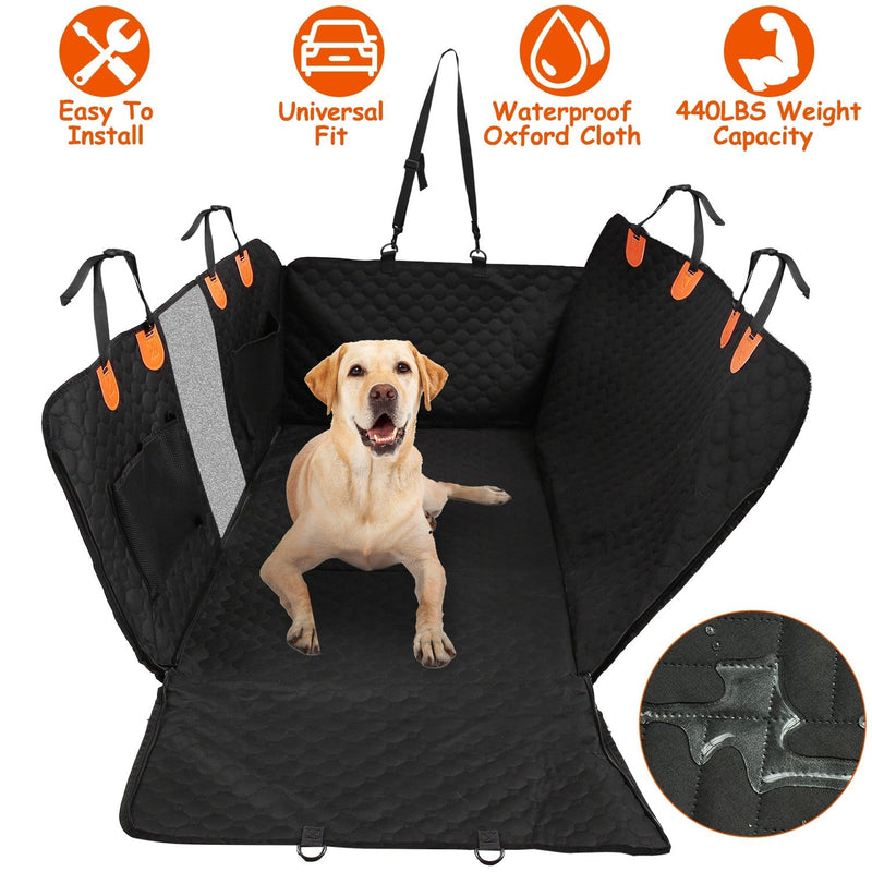 HKM-3101501 Dog Car Back Seat Cover with Zipper Mesh Window, Waterproof 600D Oxford Cloth, Anti-Slip Seat Protector with Storage Bags for Cars, SUVs, and Trucks