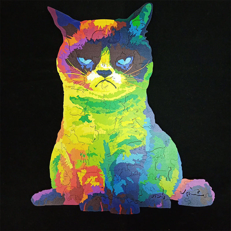 HKM-310355 Wooden Animal Puzzle Set - Irregular Rainbow Cat, Lion, Fox, Owl, Wolf Head - Multiple Sizes for Intelligence Development and Fun