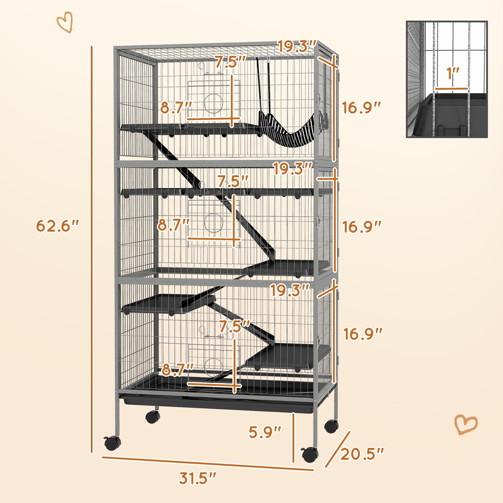 HKM-3106109 Rolling Small Animal Cage with 6 Doors, Hammock, Removable Tray for Ferrets, Chinchillas, and Other Pets