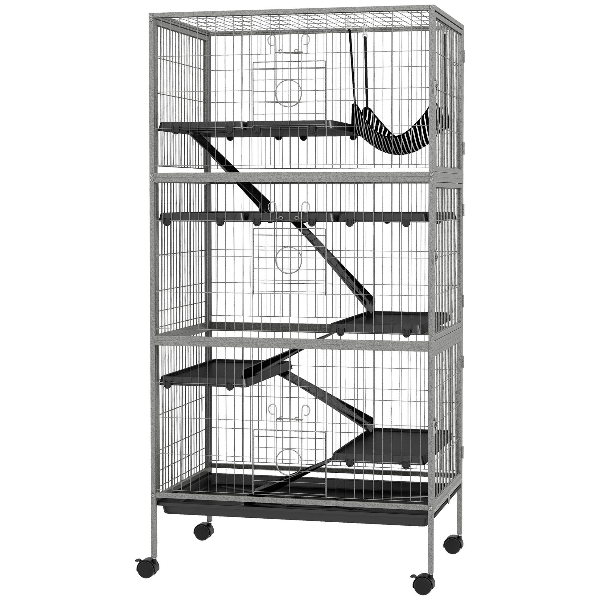 HKM-3106109 Rolling Small Animal Cage with 6 Doors, Hammock, Removable Tray for Ferrets, Chinchillas, and Other Pets
