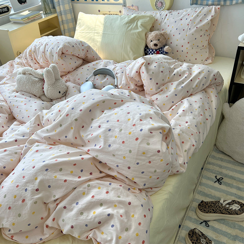 HKM-310675 Cartoon-Themed Washed Cotton Four-Piece Bedding Set with Fitted Sheet