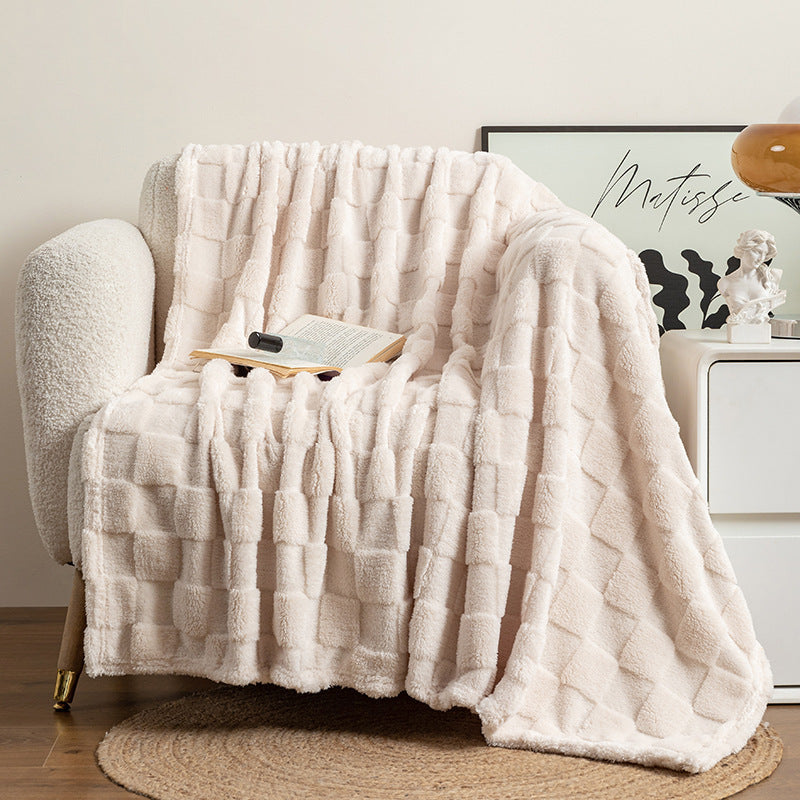 HKM-310675 Thickened Checkered Jacquard Nap Wool Blanket - Available in Milky White and Hulan
