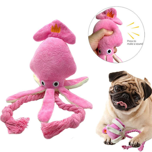 HKM-310867 Cute Pink Squid Plush Chew Toy for Small to Medium Dogs with Squeaker and Rope for Interactive Play
