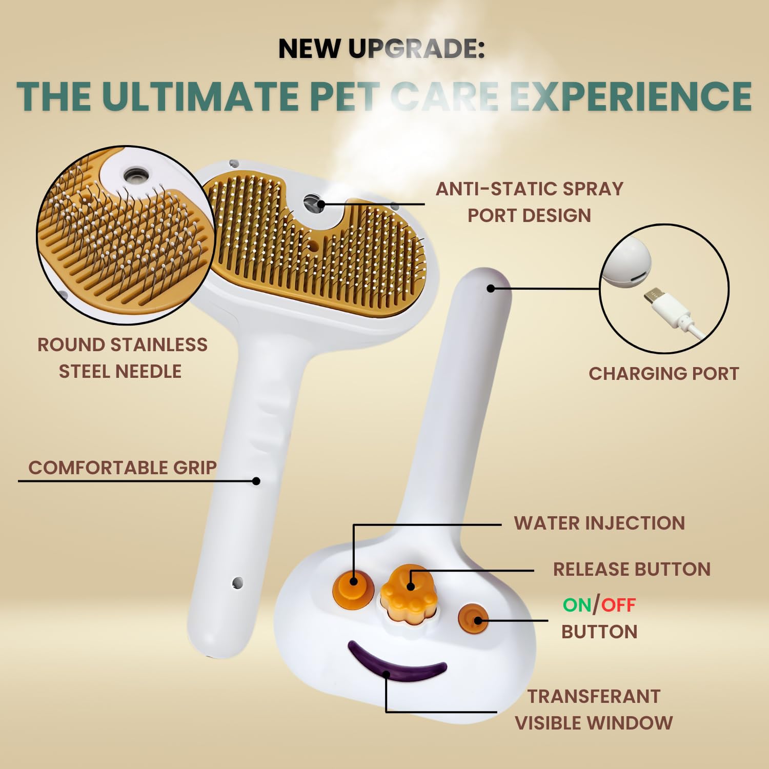 HKM-3109693 Water Brush for Dogs and Cats with Steam Massage and Self-Cleaning Slicker Brush for Shedding