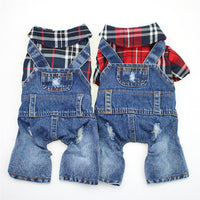 HKM-3114557 Large Plaid Denim Jumpsuit for Dogs - Four-Legged Casual Outfit in Red and Blue Grids