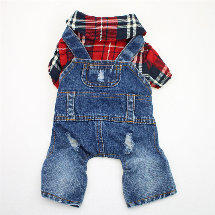 HKM-3114557 Large Plaid Denim Jumpsuit for Dogs - Four-Legged Casual Outfit in Red and Blue Grids