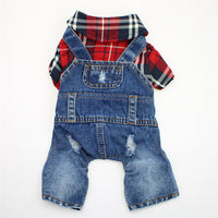 HKM-3114557 Large Plaid Denim Jumpsuit for Dogs - Four-Legged Casual Outfit in Red and Blue Grids