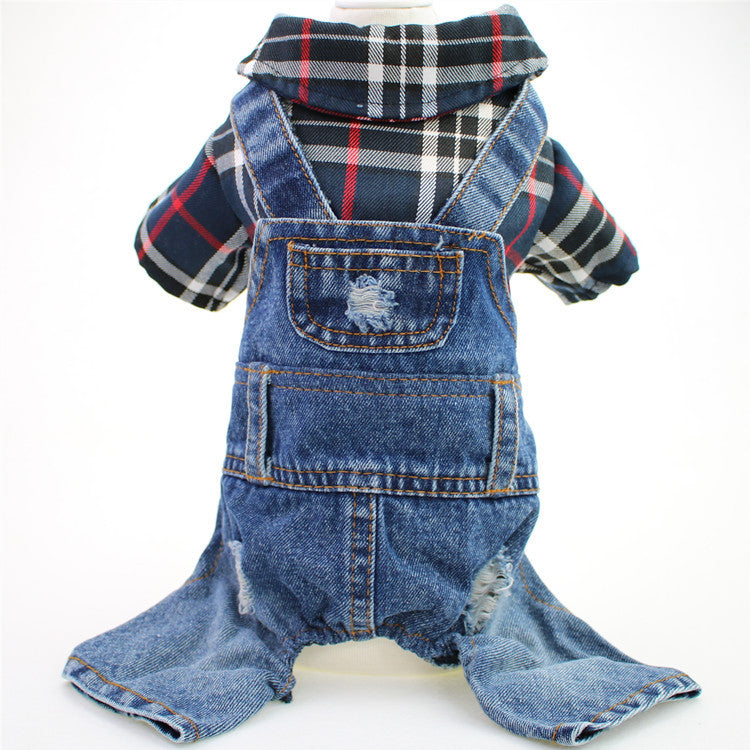 HKM-3114557 Large Plaid Denim Jumpsuit for Dogs - Four-Legged Casual Outfit in Red and Blue Grids