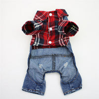 HKM-3114557 Large Plaid Denim Jumpsuit for Dogs - Four-Legged Casual Outfit in Red and Blue Grids