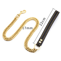 HKM-3117757 Stainless Steel Double-Six-Sided Dog Leash with Leather Handle - 17MM Wide, Available in Multiple Lengths