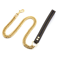 HKM-3117757 Stainless Steel Double-Six-Sided Dog Leash with Leather Handle - 17MM Wide, Available in Multiple Lengths