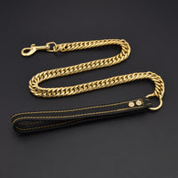HKM-3117757 Stainless Steel Double-Six-Sided Dog Leash with Leather Handle - 17MM Wide, Available in Multiple Lengths